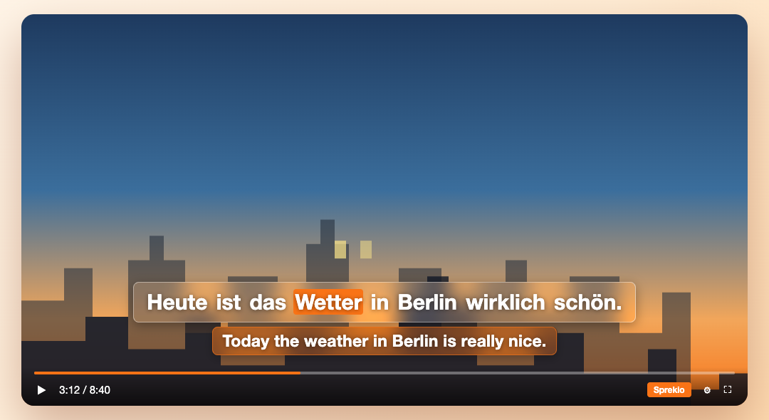 A YouTube video with a German subtitle line and its English translation below it