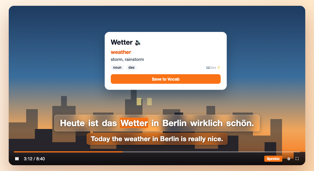 A dictionary card for the word Wetter showing its gender, meaning and a save button